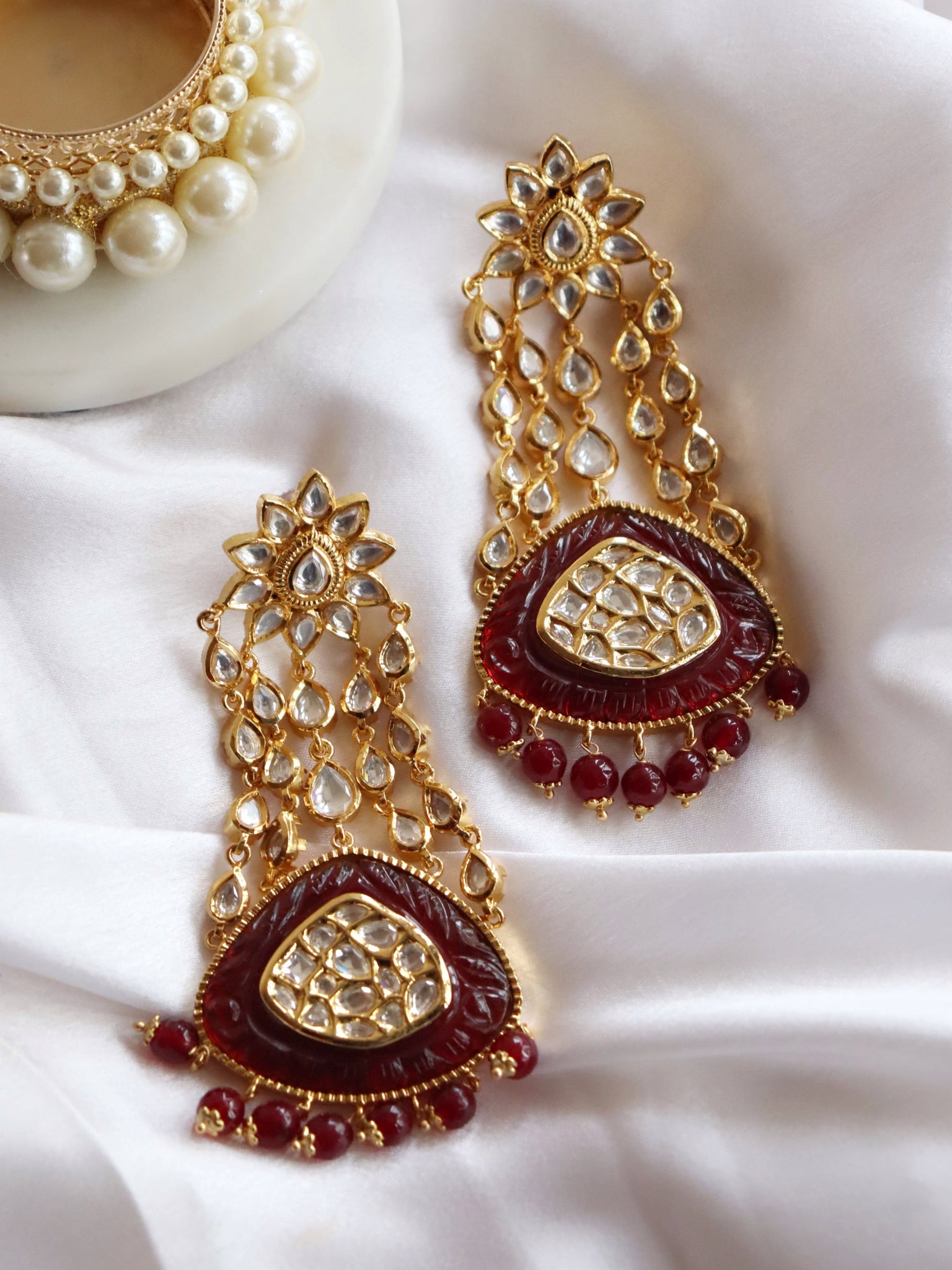 Kundan And Red Long Passa Bridal Earrings 
