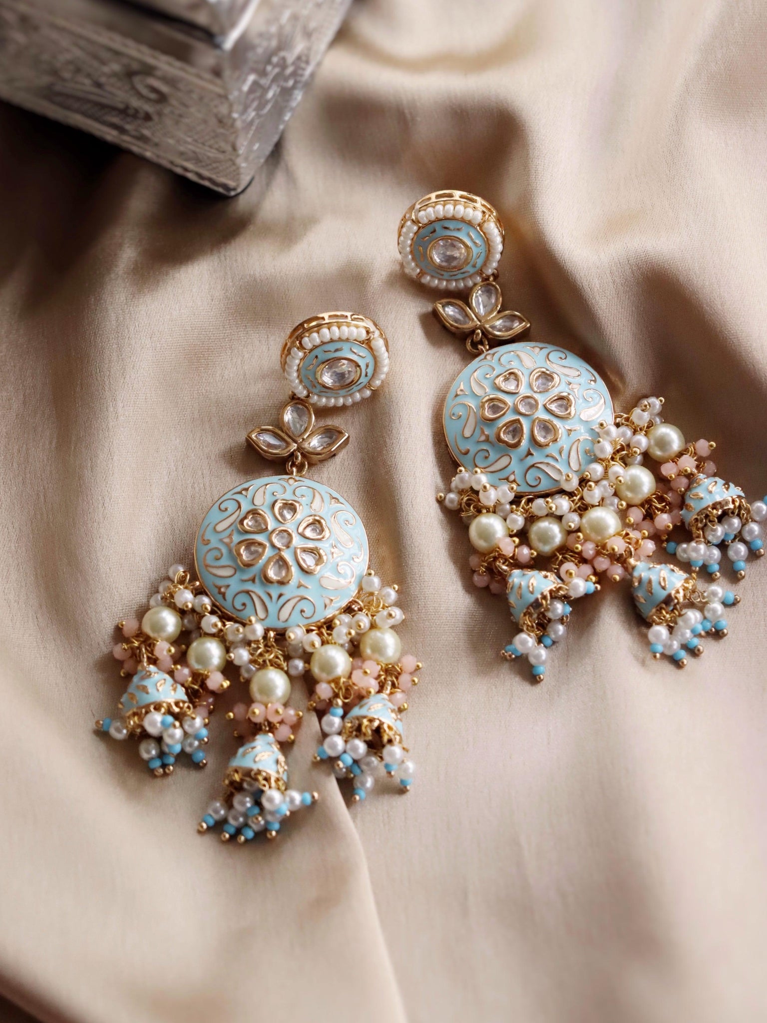  The Bridal Edit - Pastel Blue Enamel Chand Jhumki Earrings