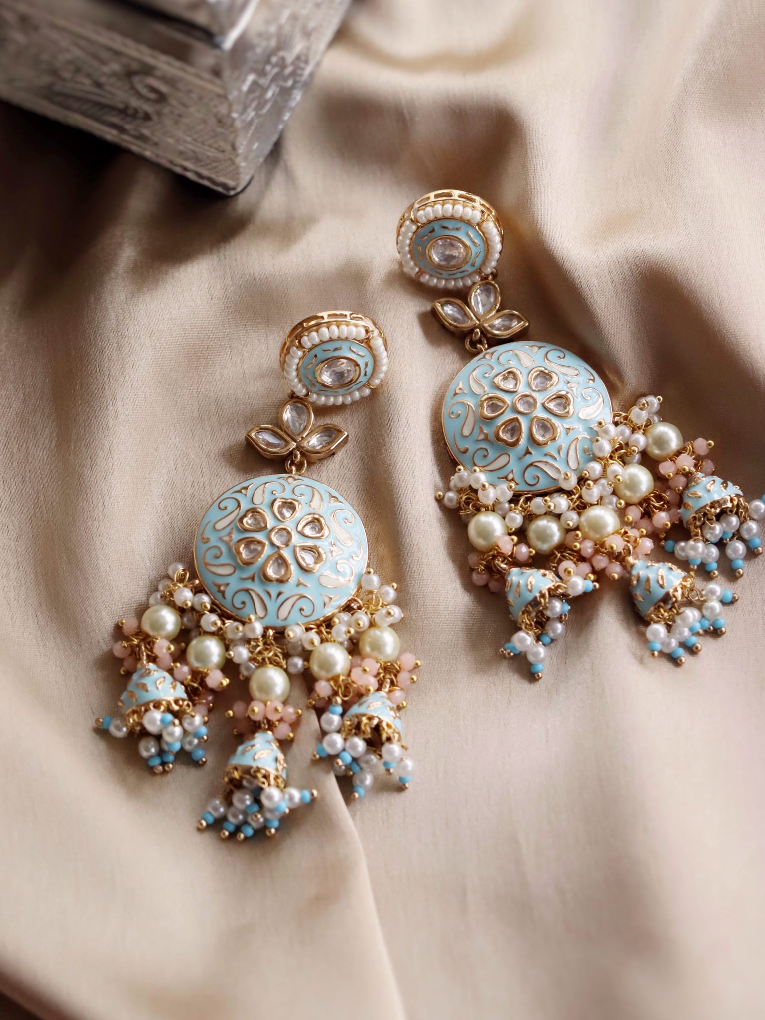 The Bridal Edit - Pastel Blue Enamel Chand Jhumki Earrings 