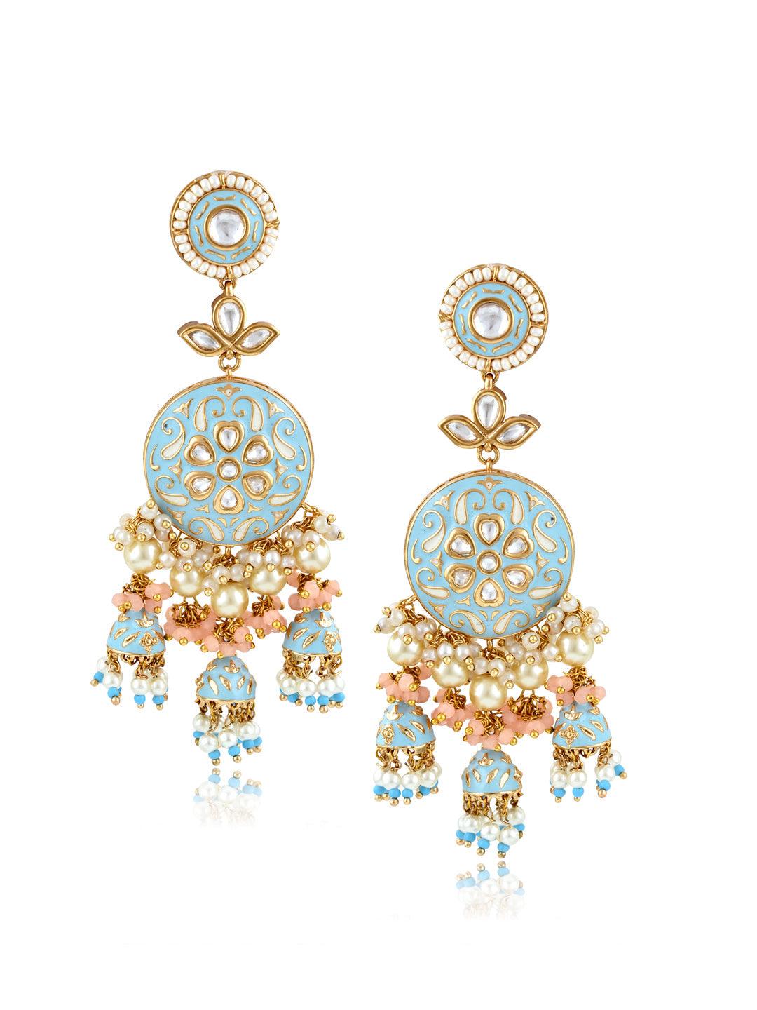 The Bridal Edit - Pastel Blue Enamel Chand Jhumki Earrings 