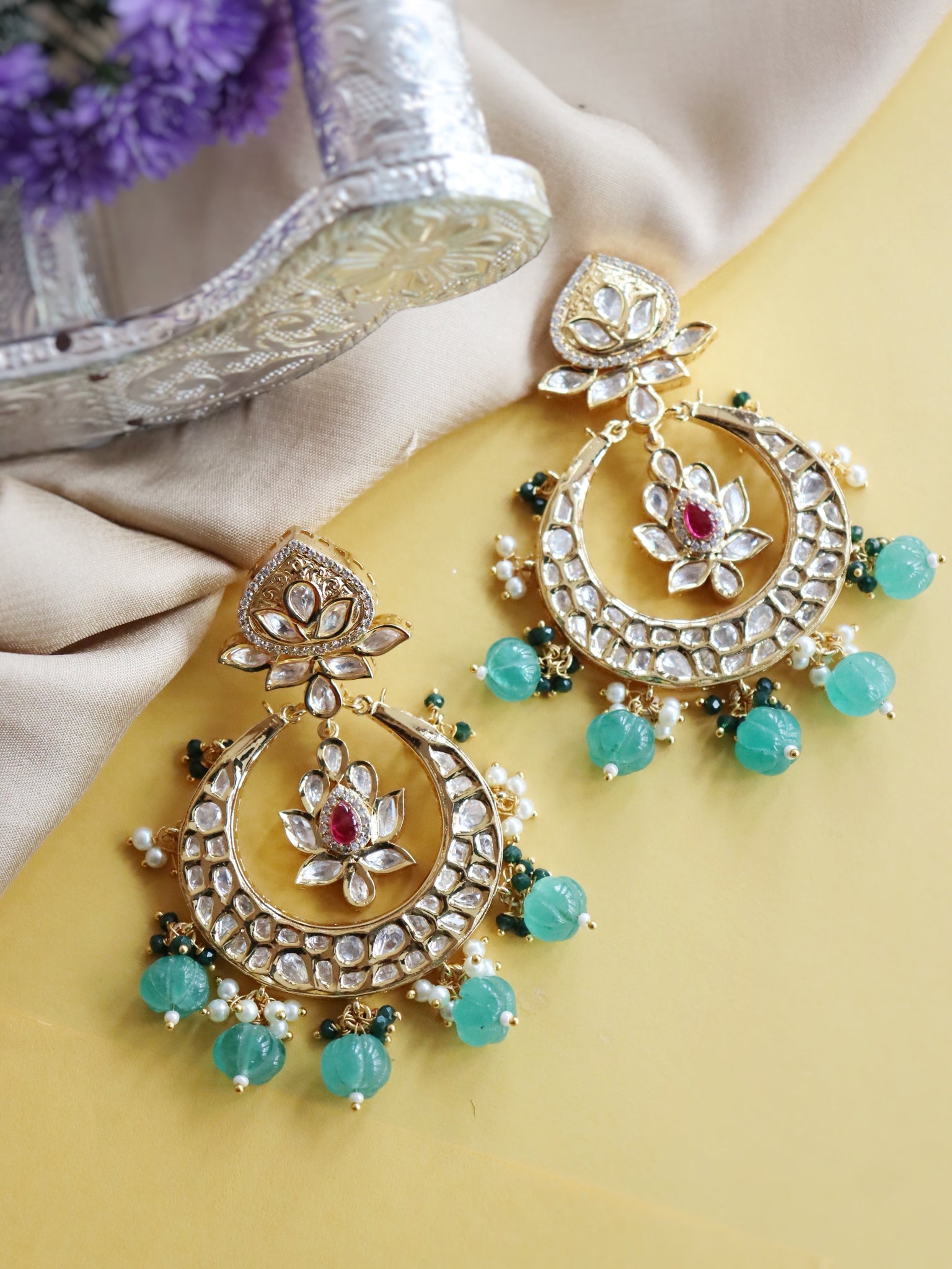 Green Beads Lotus Chandbali Bridal Earrings 