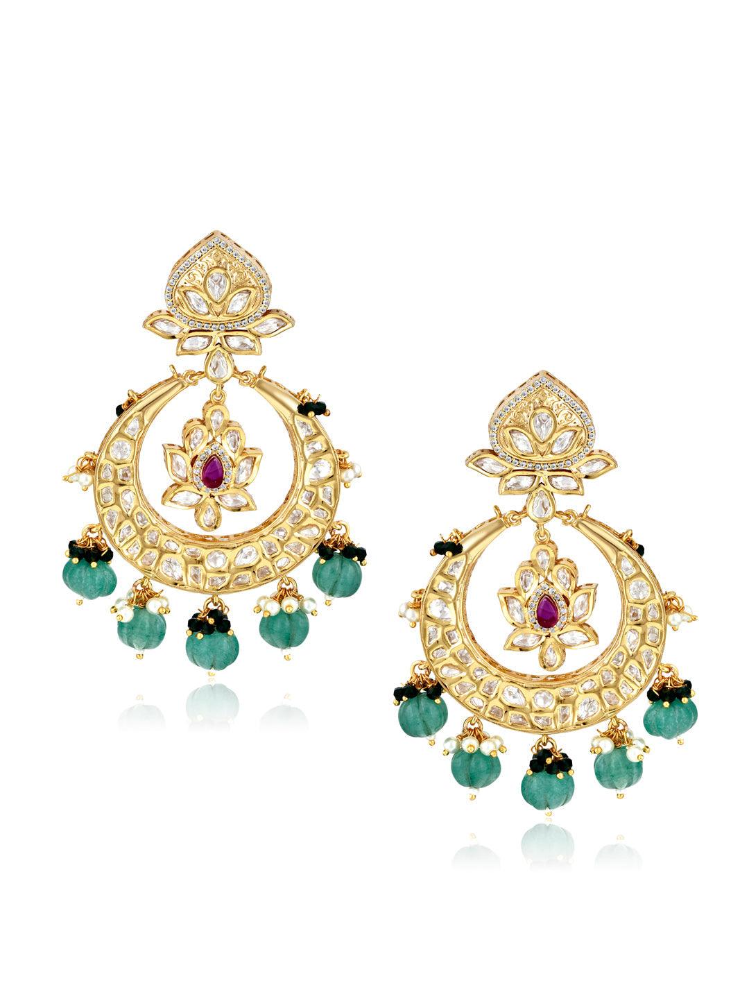 Green Beads Lotus Chandbali Bridal Earrings 