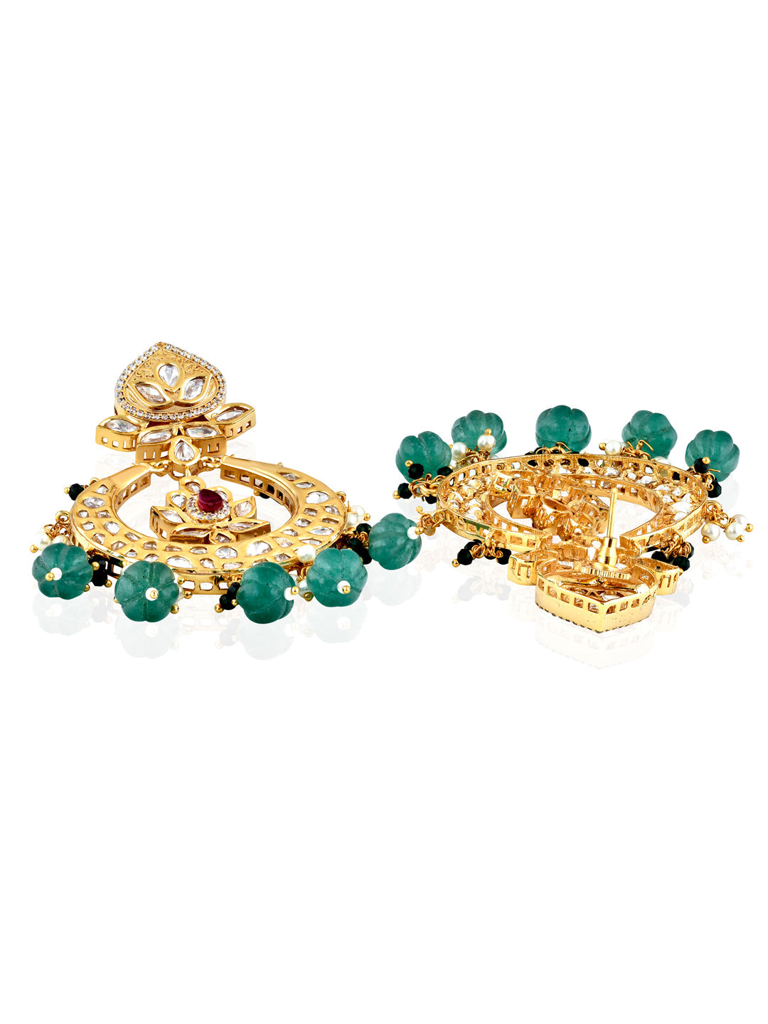 Green Beads Lotus Chandbali Bridal Earrings 