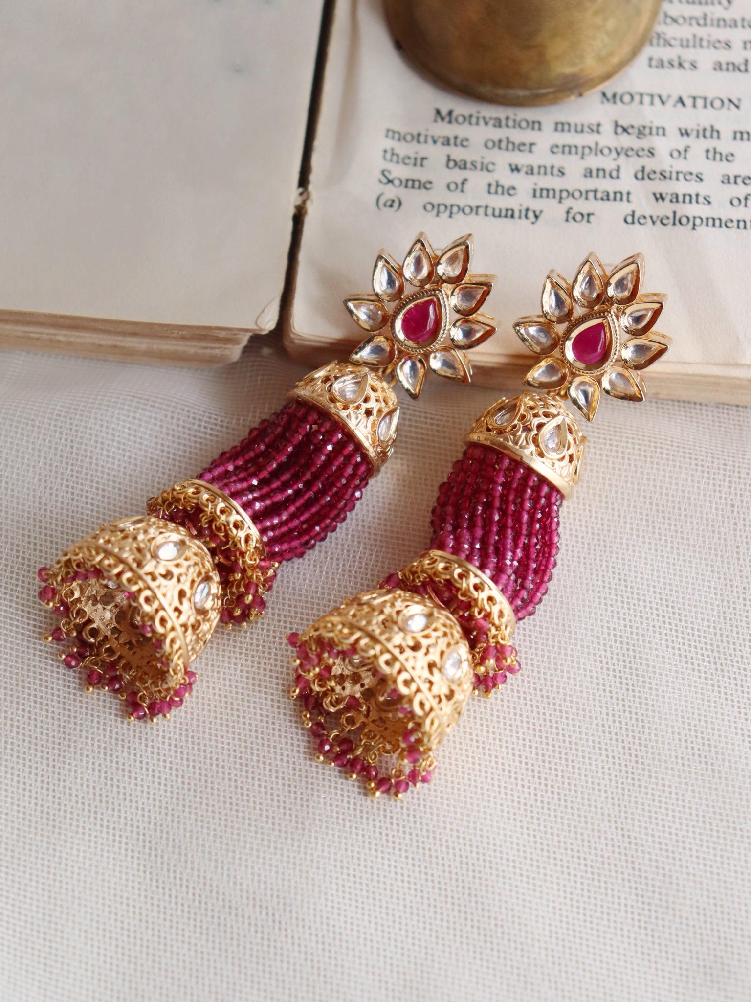 Bridal Strung Red Beads Jhumki Earrings 