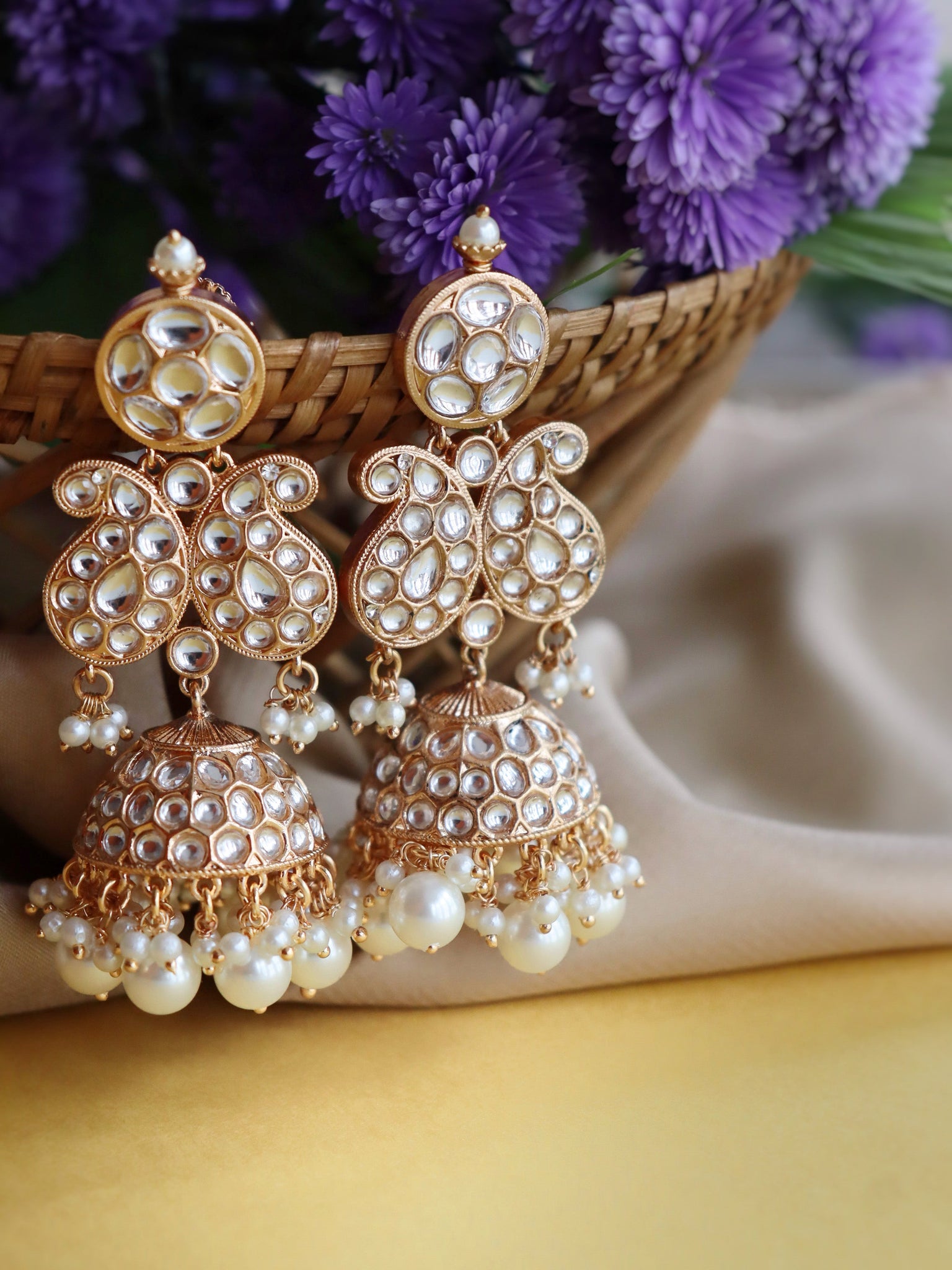 Gold And Kundan Paisley Jhumki Bridal Earrings 