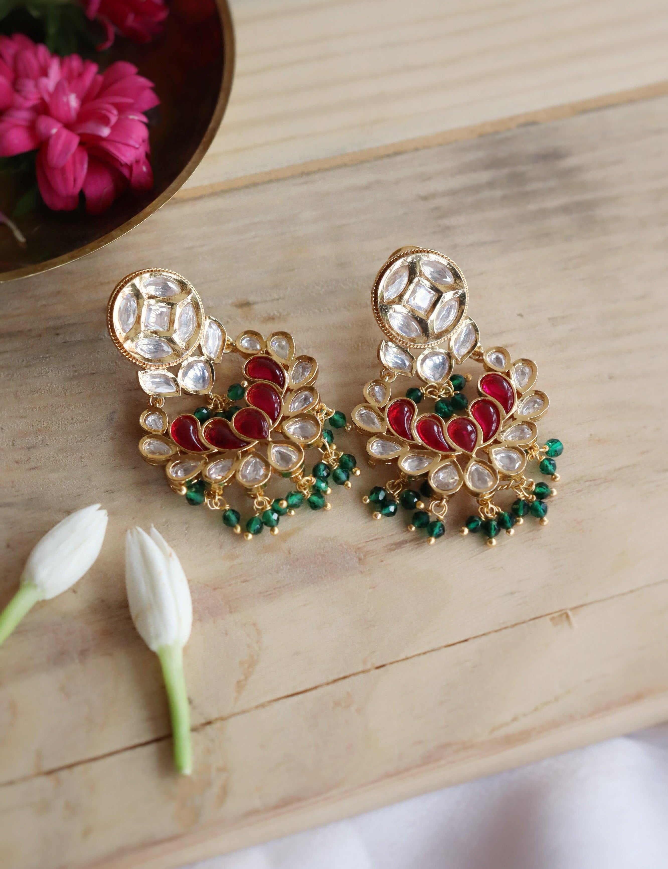 Red And Green Kundan Chandbali Earrings