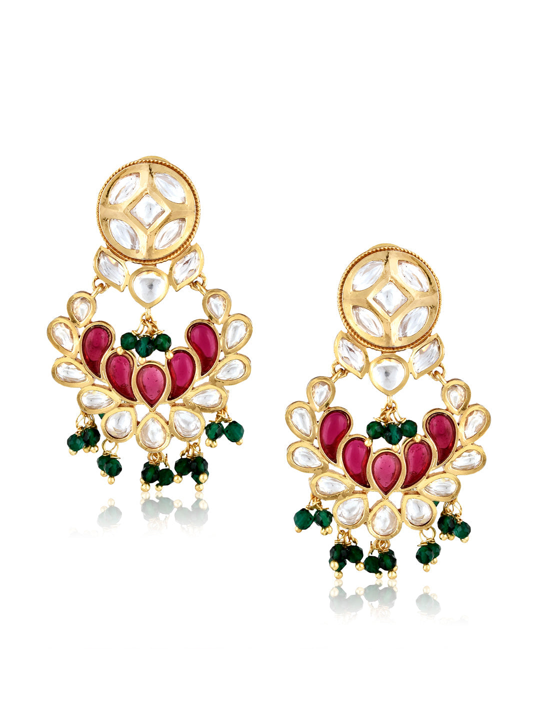 The Bridal Edit - Red And Green Kundan Mini Chandbali Earrings 
