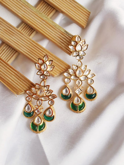 The Bridal Edit - Gold And Green Kundan Chandelier Earrings 