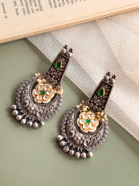 Aria Green Stones And Ghungroo Oxidised Chandbali Earrings 