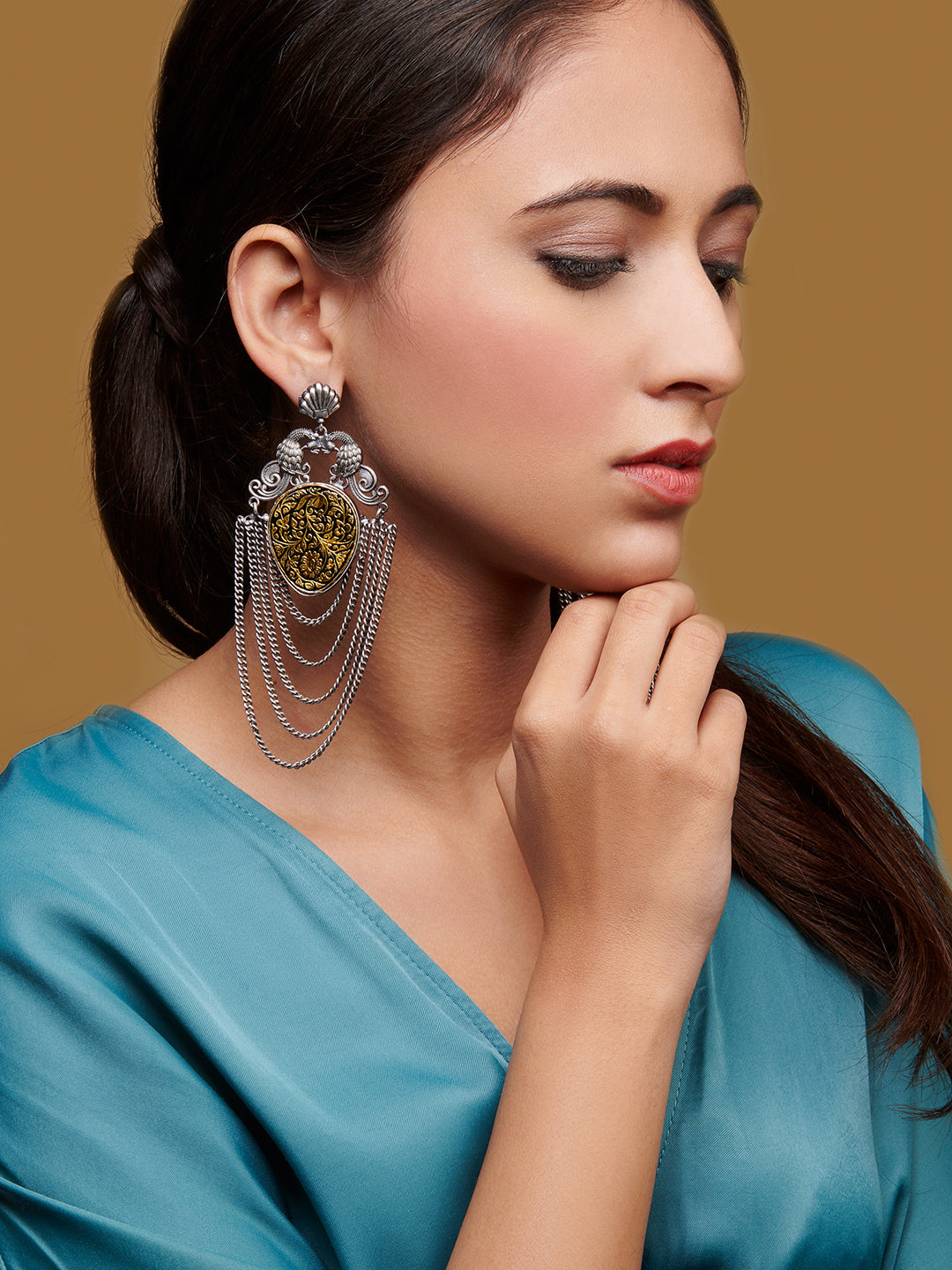 Aria Vintage Oxidised Gold Foil Work And Chains Chandbali Earrings 