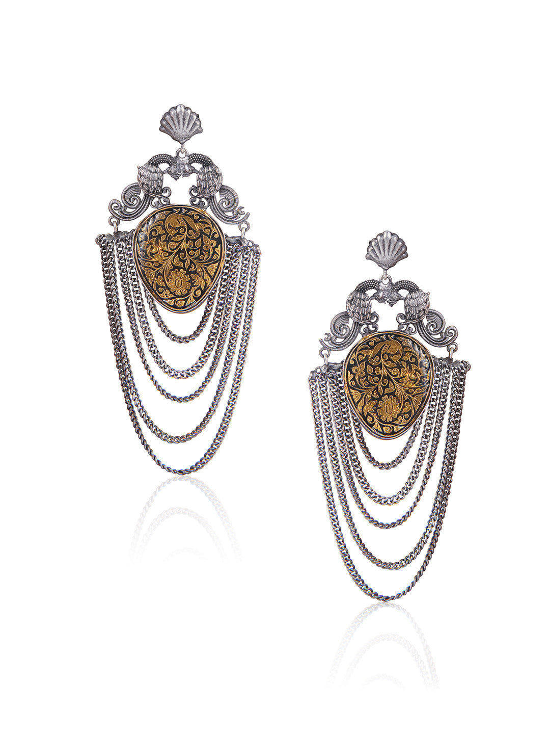 Aria Vintage Oxidised Gold Foil Work And Chains Chandbali Earrings 