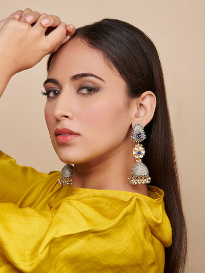 Aria Oxidised Blue Stone And Polki Long Jhumki Earrings 
