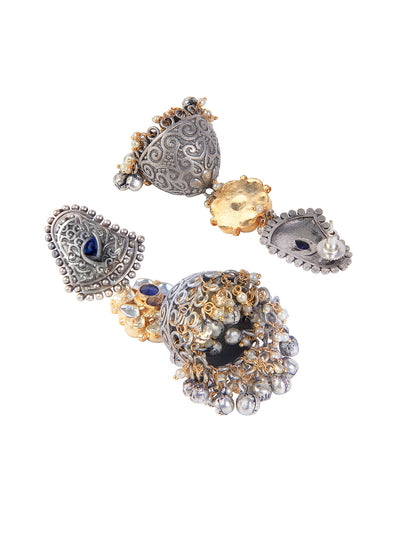 Aria Oxidised Blue Stone And Polki Long Jhumki Earrings 