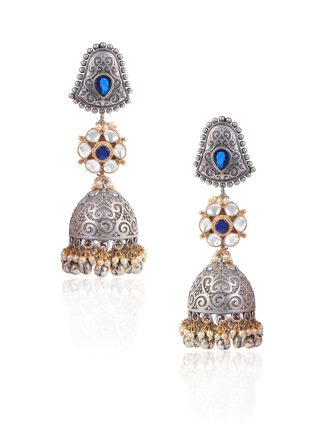 Aria Oxidised Blue Stone And Polki Long Jhumki Earrings 
