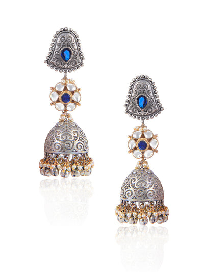Aria Oxidised Blue Stone And Polki Long Jhumki Earrings 