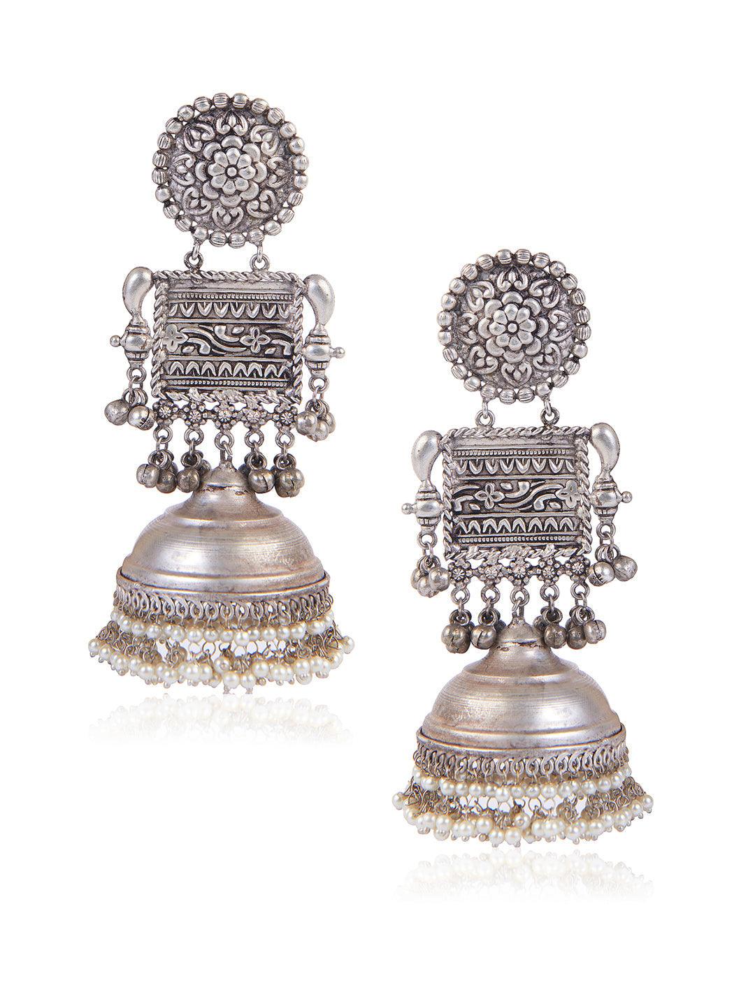 Aria Oxidised Long Pearl Enbellished Jhumkis Earrings 