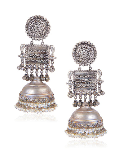 Aria Oxidised Long Pearl Enbellished Jhumkis Earrings 