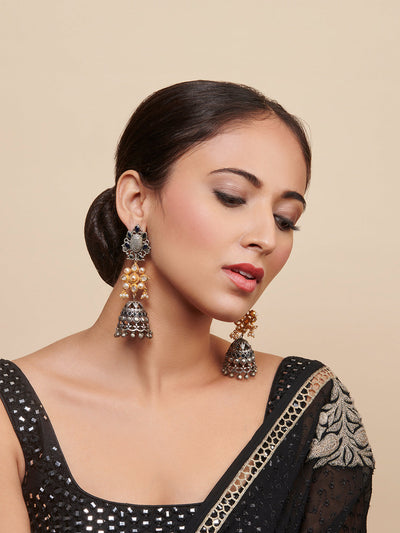 Aria Blue Stone And Gold Duet Long Jhumki Earrings 