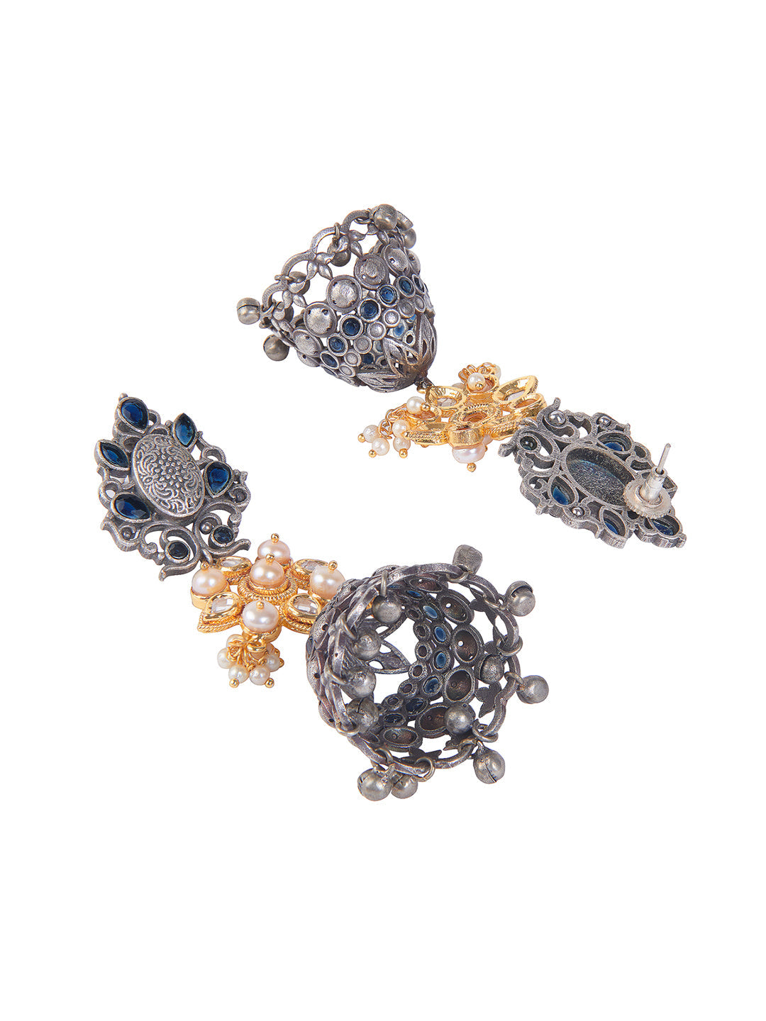 Aria Blue Stone And Gold Duet Long Jhumki Earrings 
