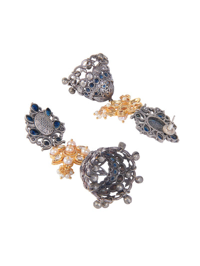 Aria Blue Stone And Gold Duet Long Jhumki Earrings 