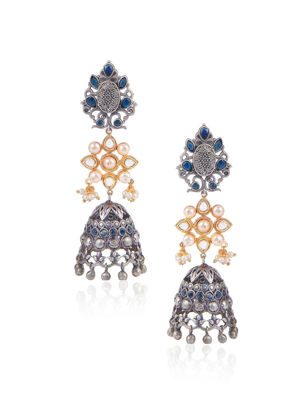 Aria Blue Stone And Gold Duet Long Jhumki Earrings 