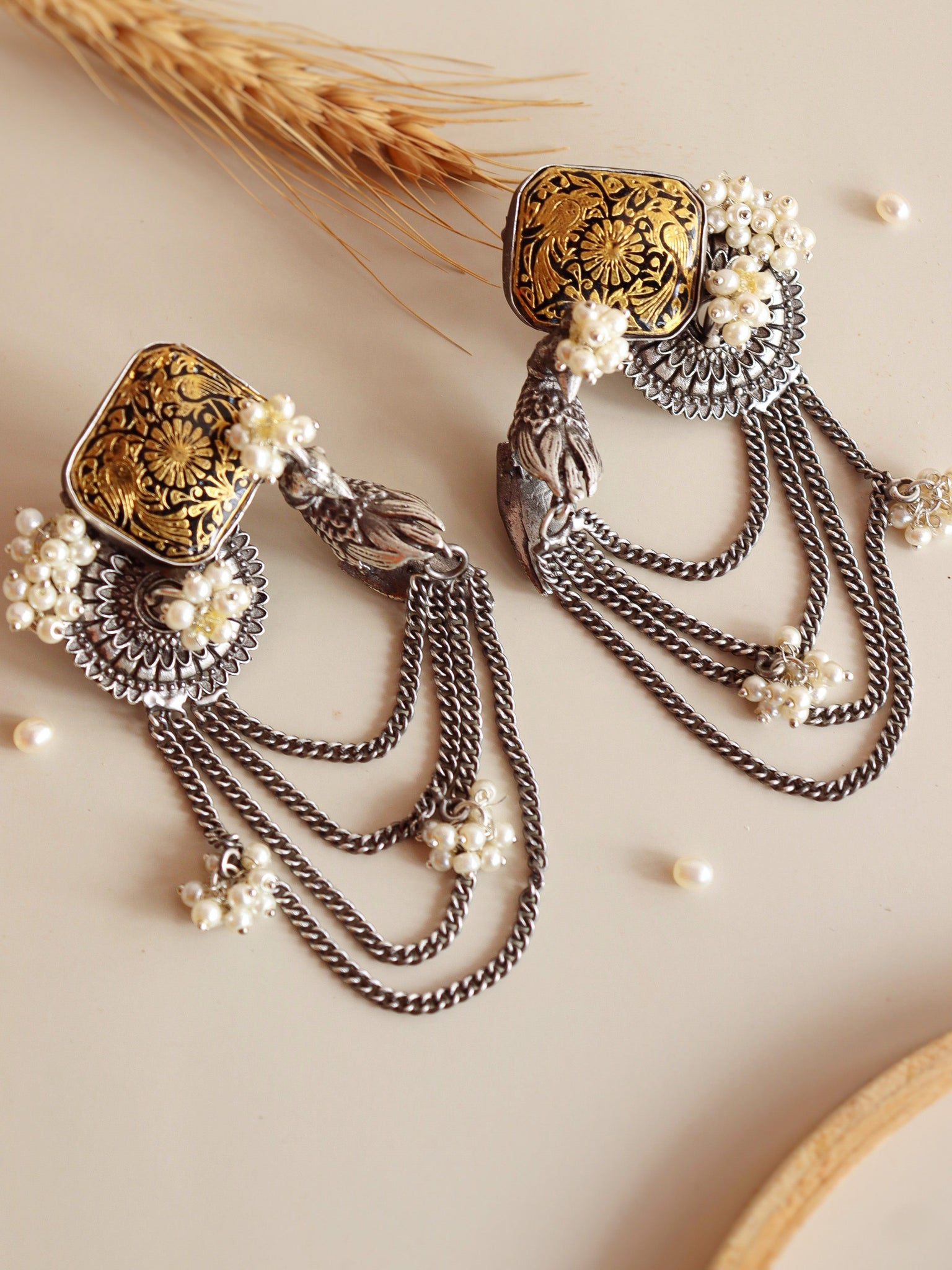  Aria Oxidised And Gold Layered Chain Chandbali Earrings