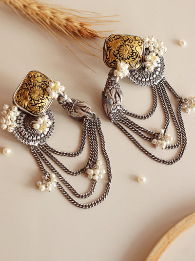 Aria Oxidised And Gold Layered Chain Chandbali Earrings Curio
