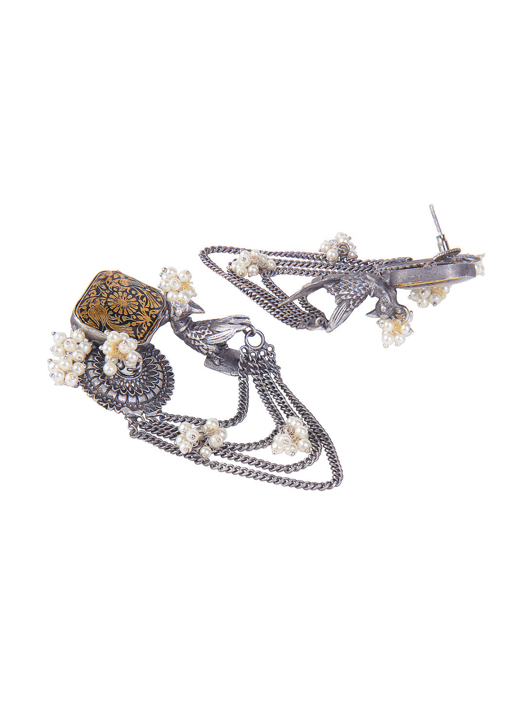 Aria Oxidised And Gold Layered Chain Chandbali Earrings 