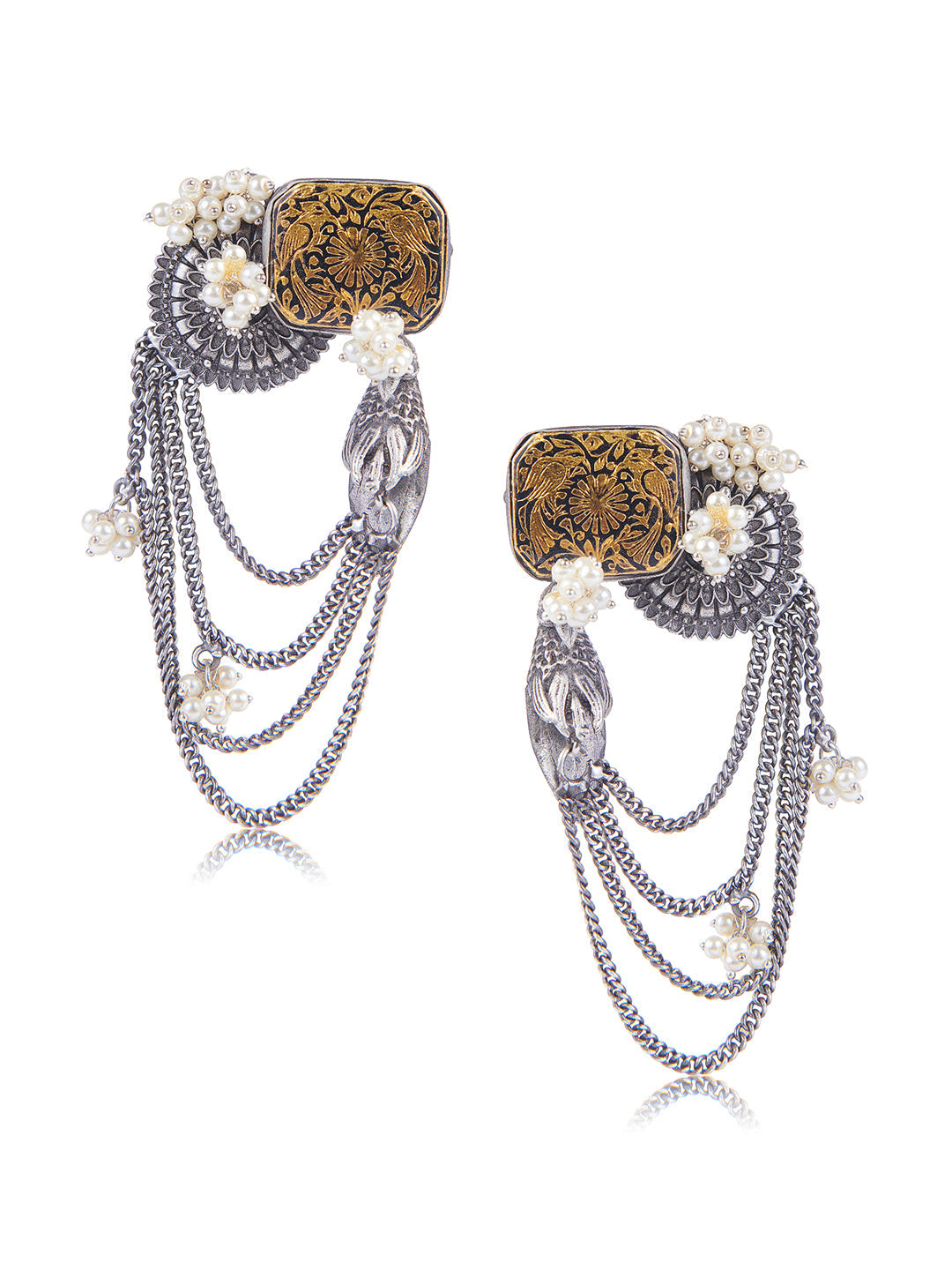 Aria Oxidised And Gold Layered Chain Chandbali Earrings 