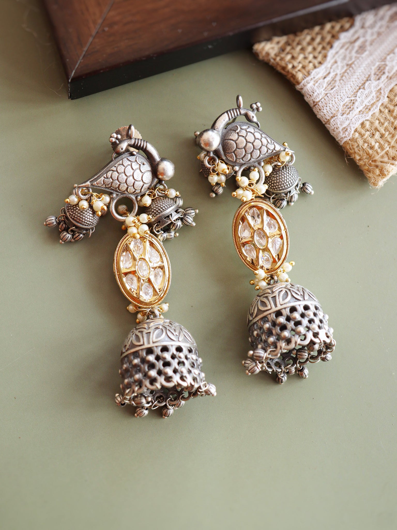 Aria Oxidised And Kundan Peacock Sleek Jhumki Earrings 