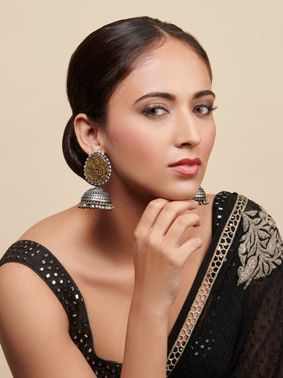  Aria Oxidised Vintage Gold Foil And Enamelled Jhumki Earrings