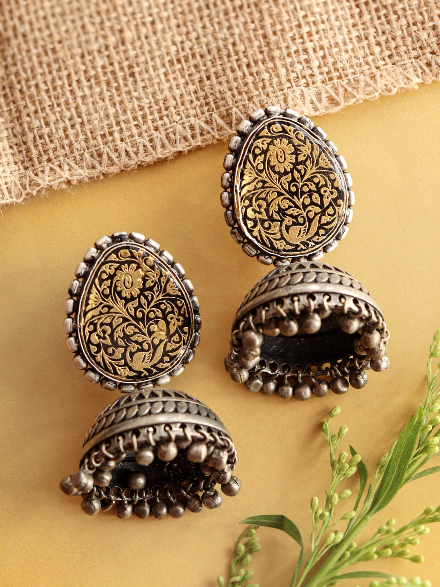  Aria Oxidised Vintage Gold Foil And Enamelled Jhumki Earrings