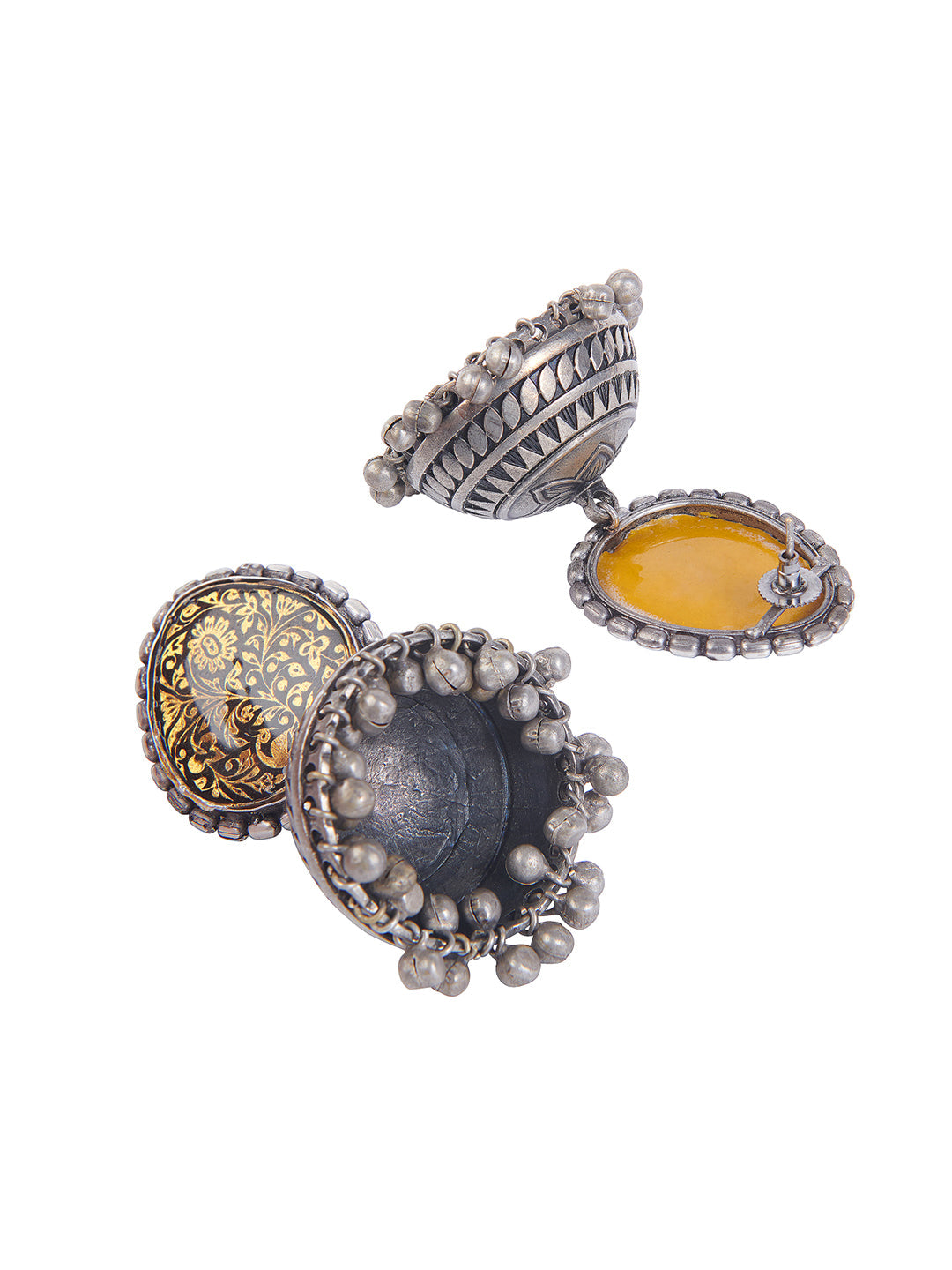 Aria Oxidised Vintage Gold Foil And Enamelled Jhumki Earrings 