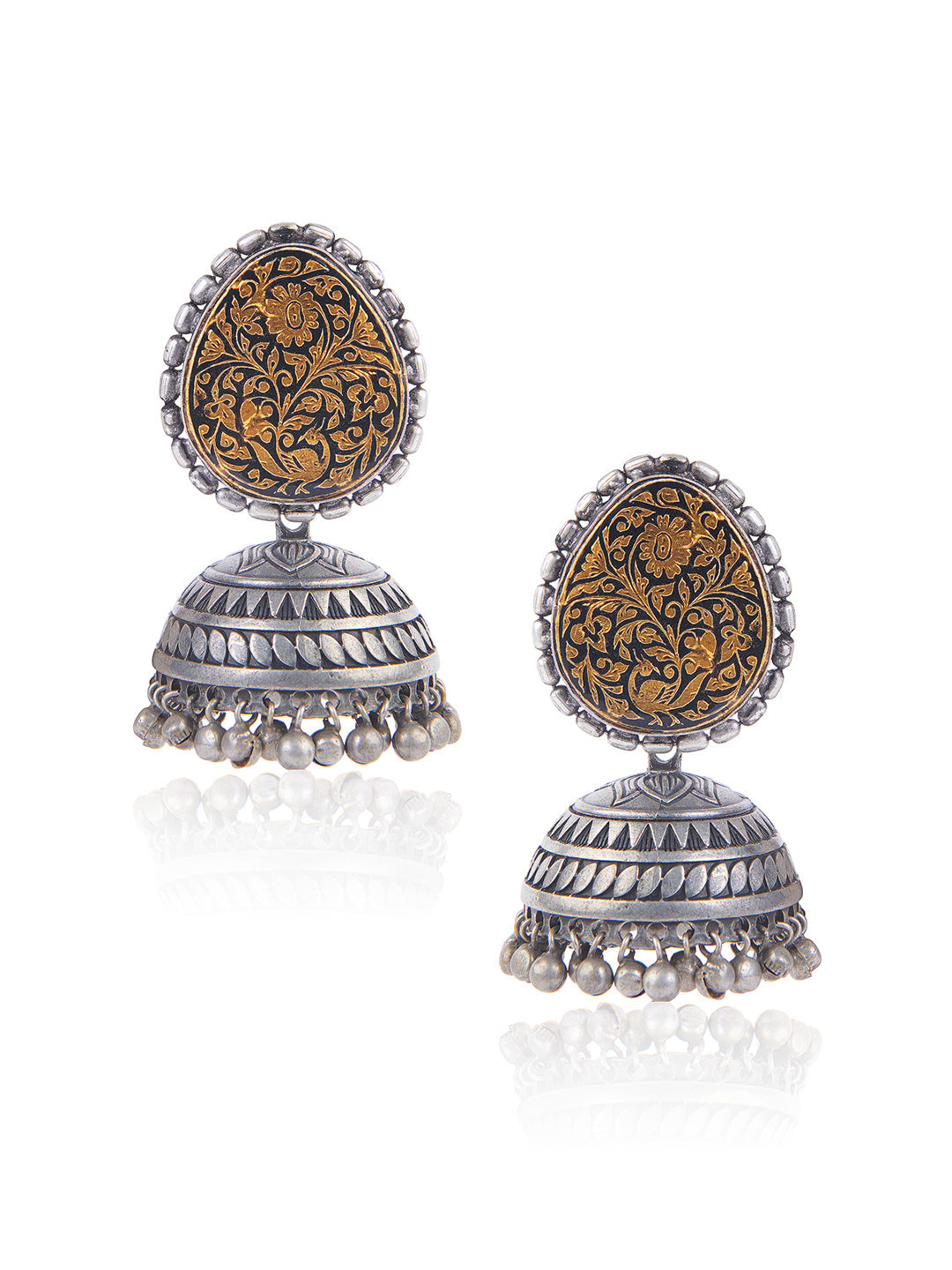 Aria Oxidised Vintage Gold Foil And Enamelled Jhumki Earrings 