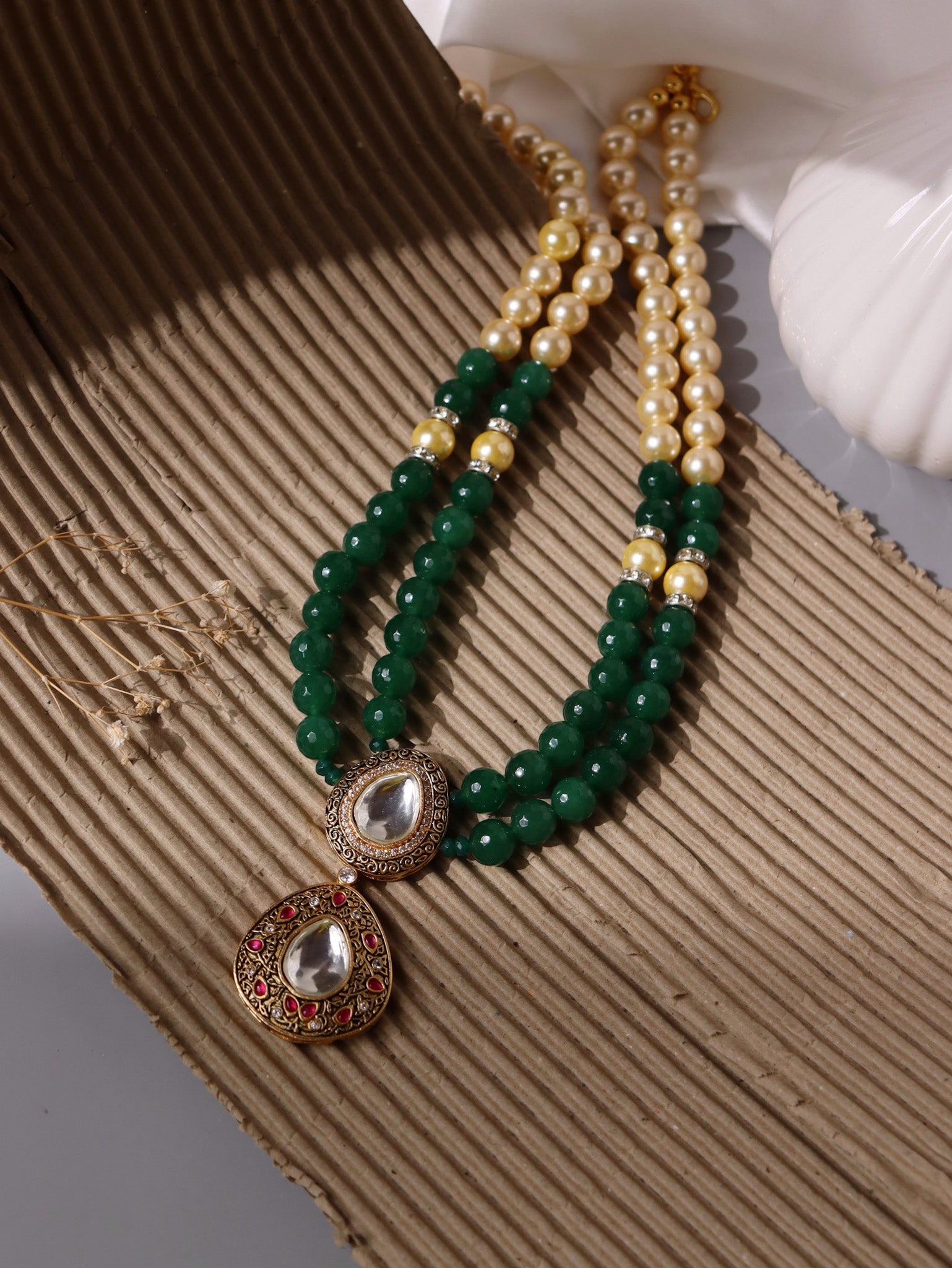 Flower Design Green Stone Victorian Necklace - Arshis - Buy Traditional and  Fashion south India Jewels