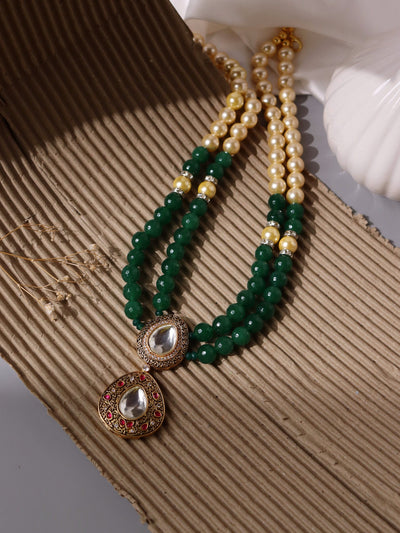  Stone Appeal Double Layered Green Stone and Oyester Pearls Necklace