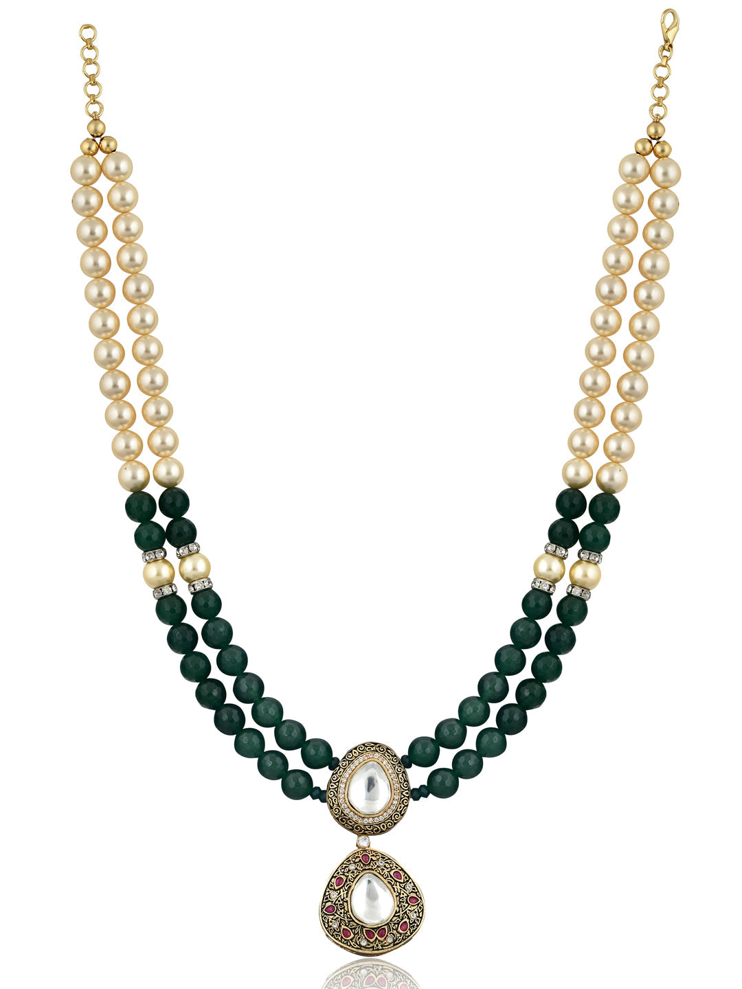 Stone Appeal Double Layered Green Stone and Oyester Pearls Necklace 
