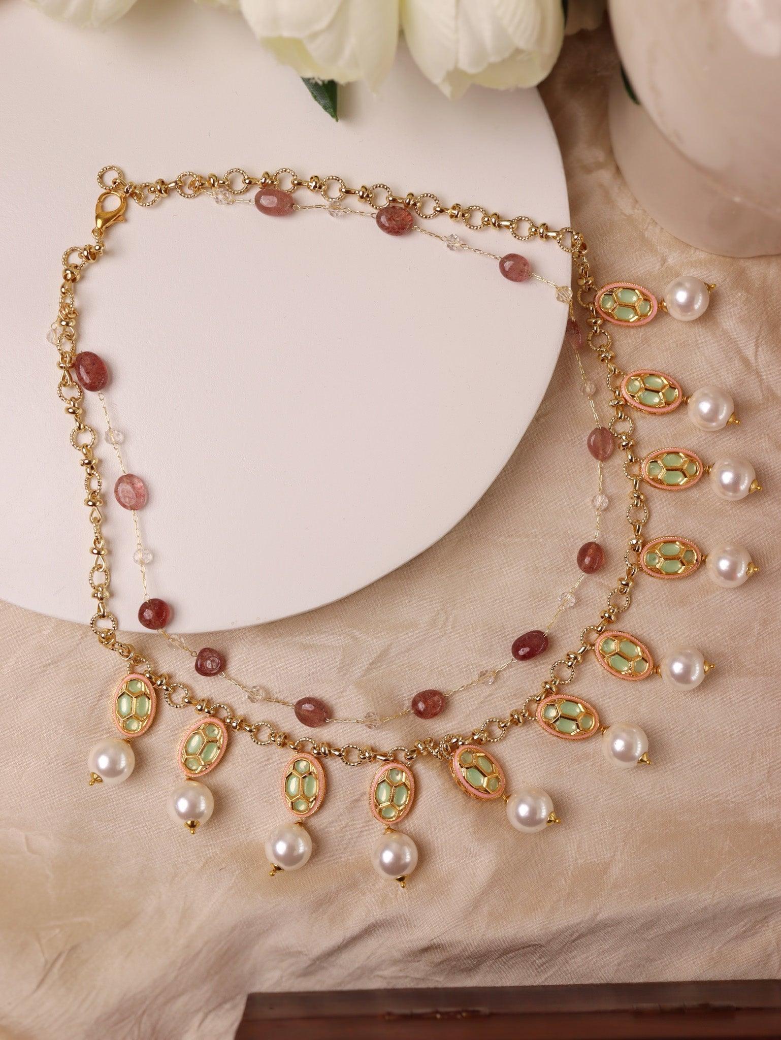  Stone Appeal Double String Necklace Embellished with Pearls