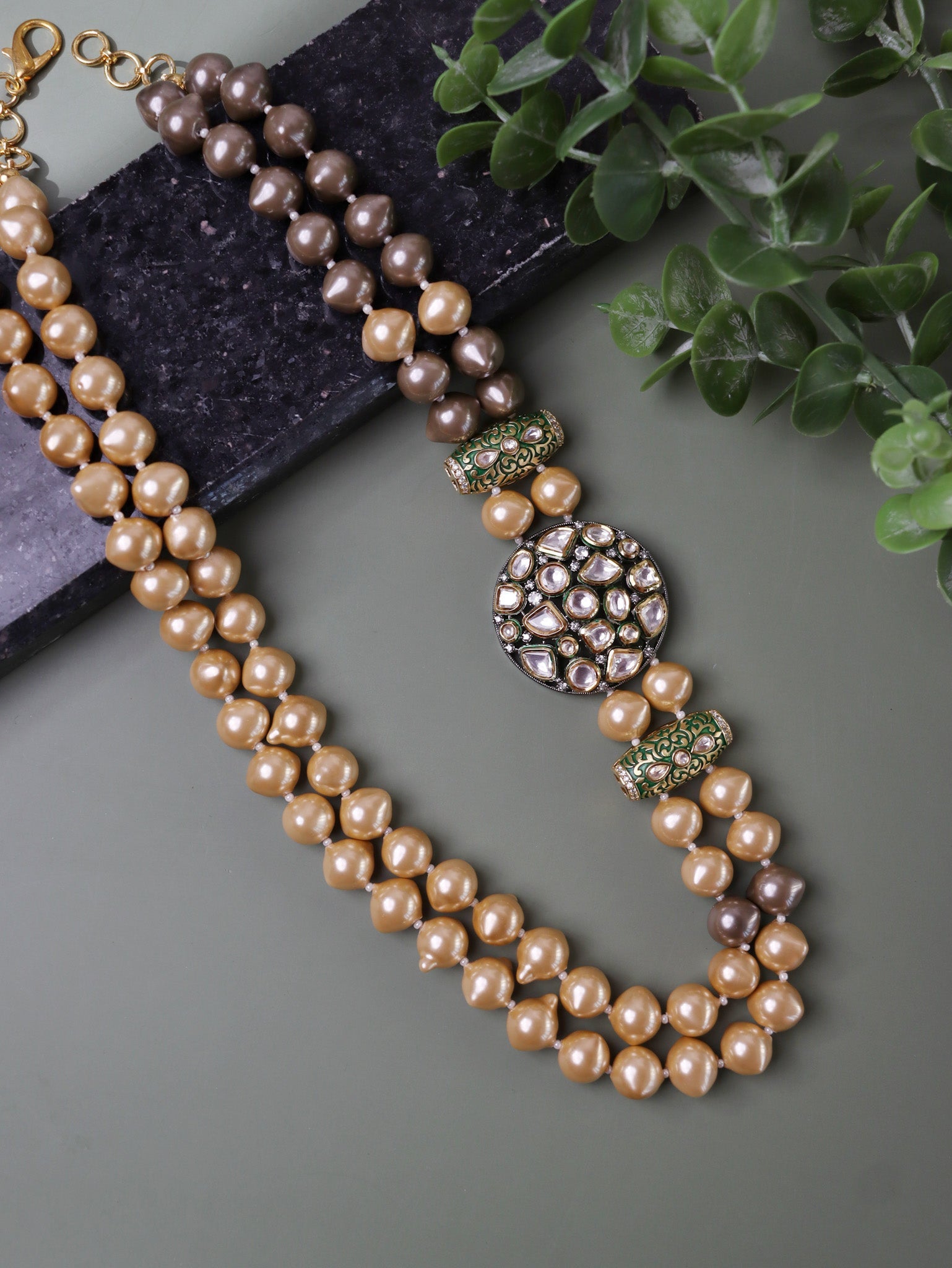 Stone Appeal Double Layered Champagne Pearls Long Necklace 