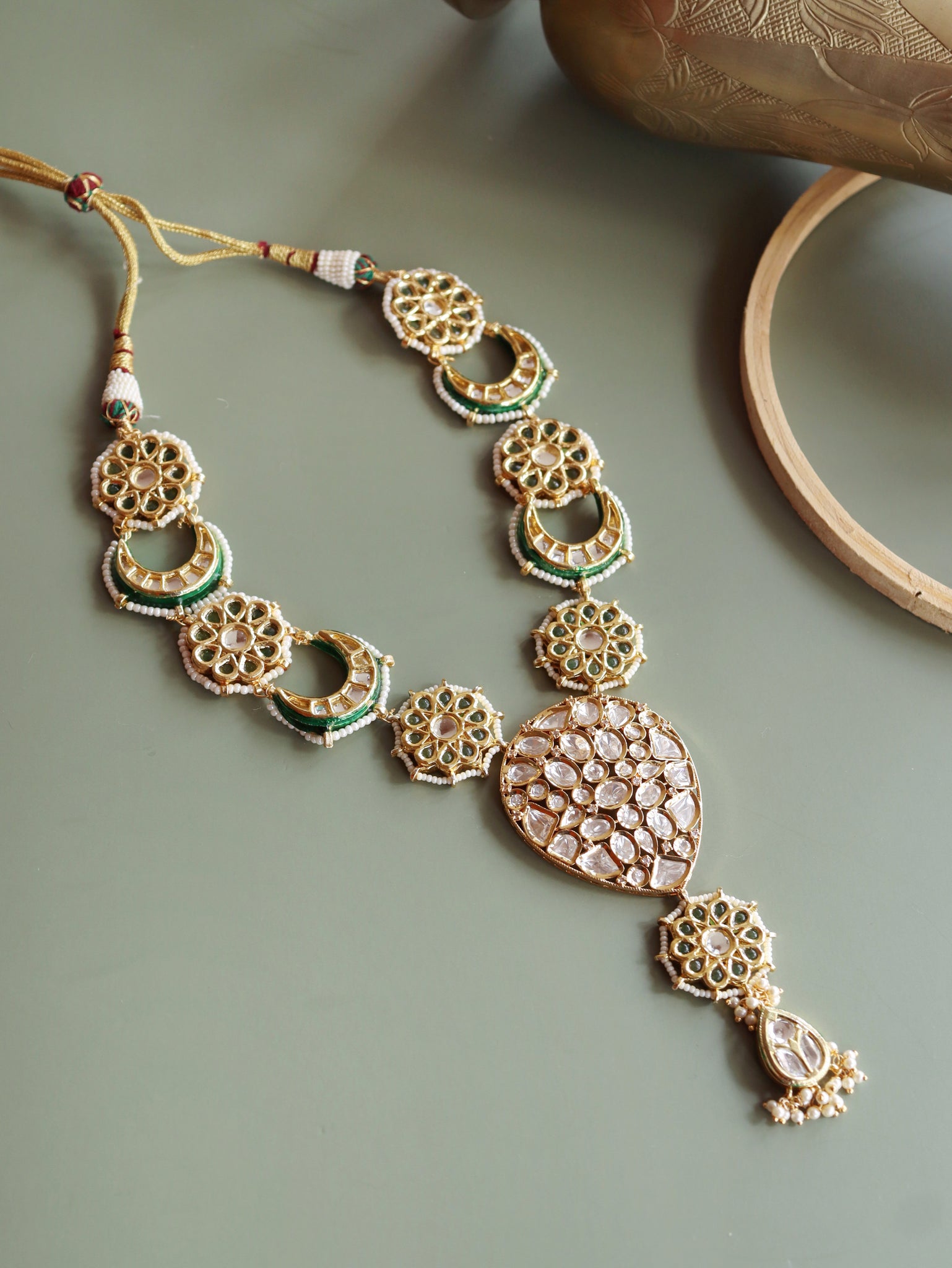 Miera Green Enameled And Kundan Long Necklace 