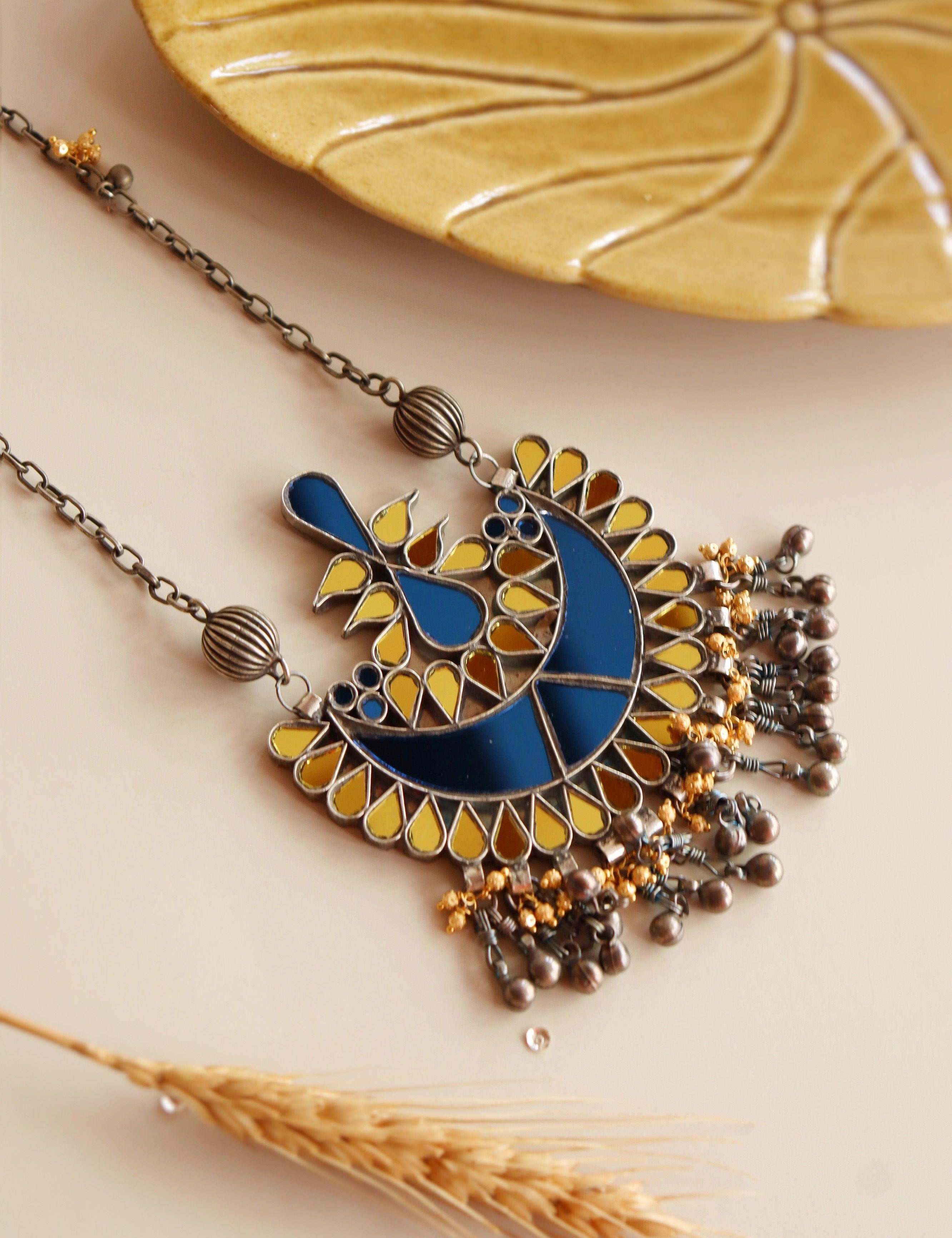 Oxidised Blue Mirrior Long Necklace