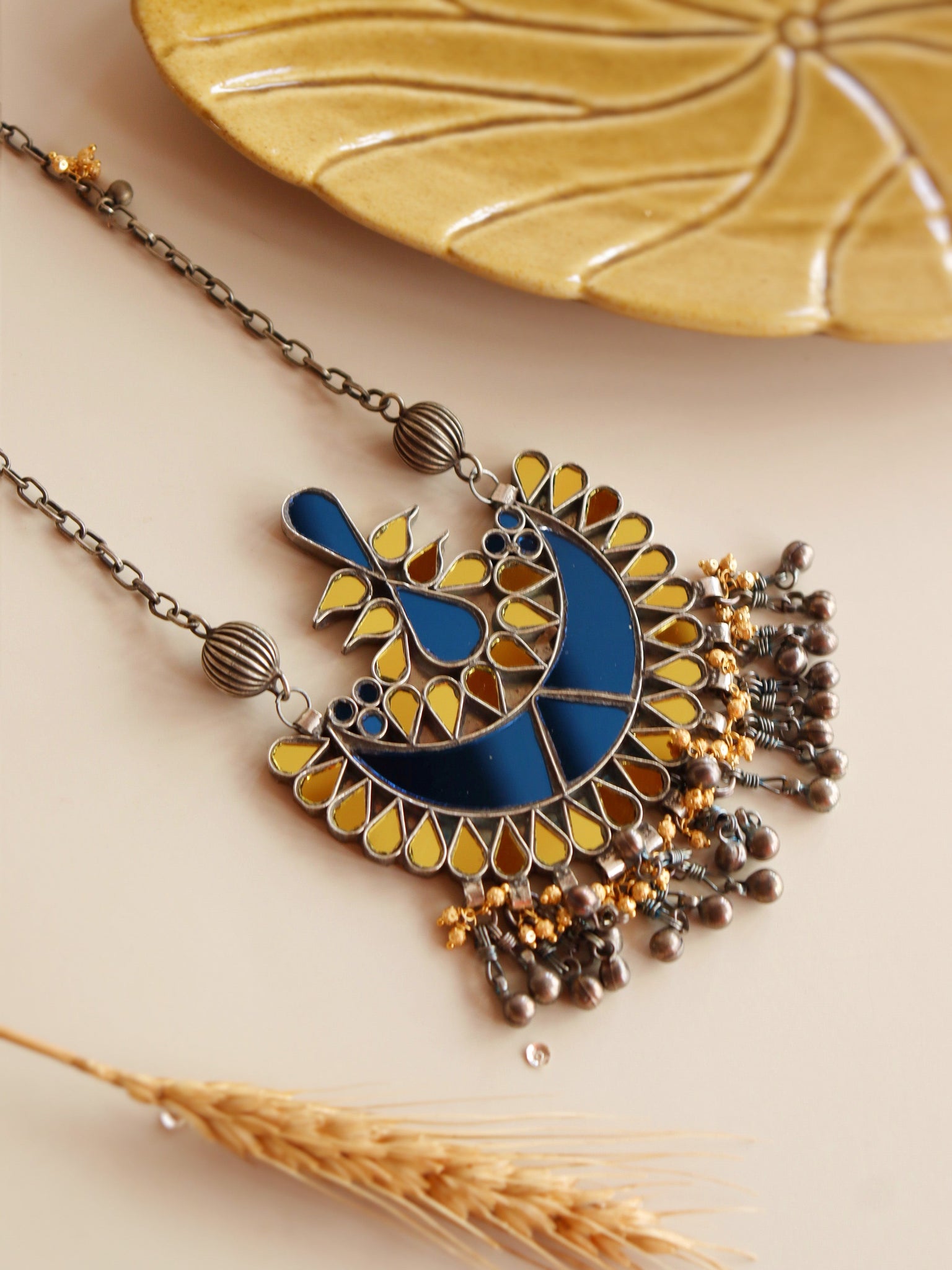  Aria Oxidised Blue Mirrior Long Necklace