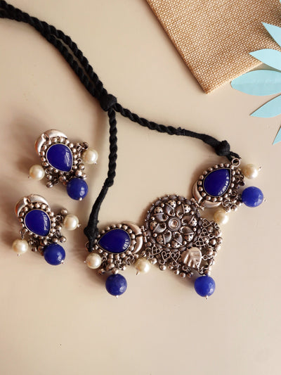  Aria Oxidised And Blue Stone,Kundanand Pearl Embellished Choker Set