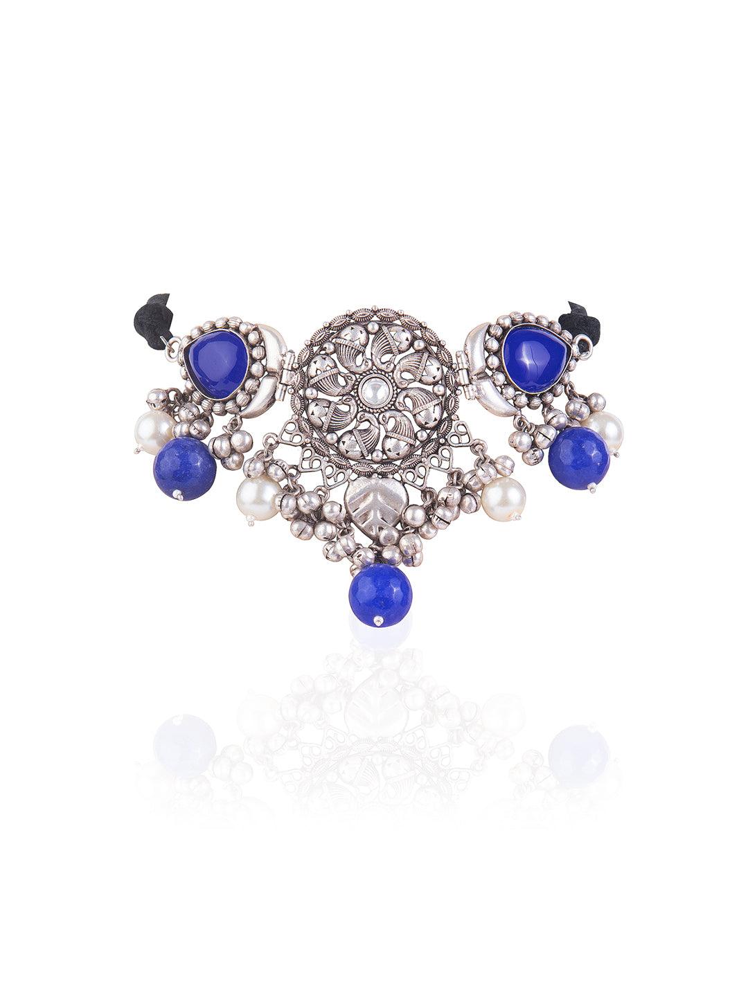 Aria Oxidised And Blue Stone,Kundanand Pearl Embellished Choker Set 