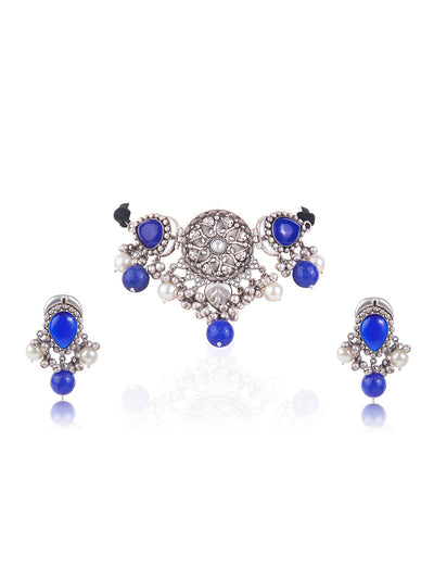 Aria Oxidised And Blue Stone,Kundanand Pearl Embellished Choker Set 
