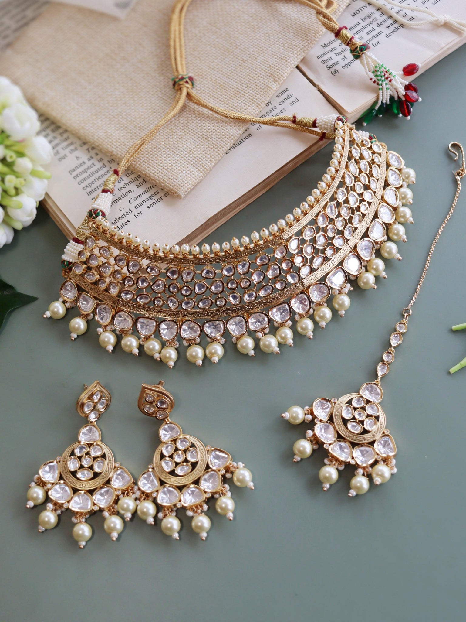 Kundan And Pearls Embellished Bridal Choker Set 