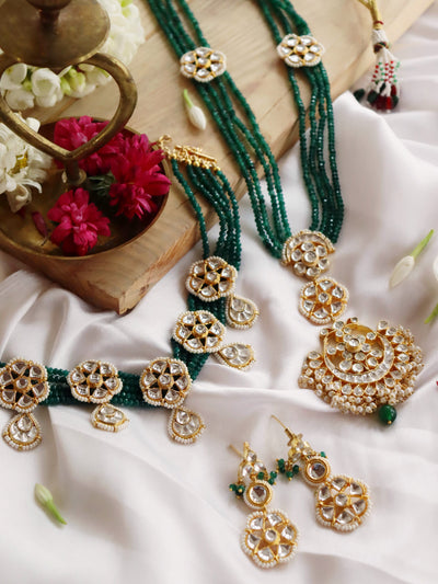  Bridal Floral Kundan Motifs And Green Strings Choker And Long Necklace Set