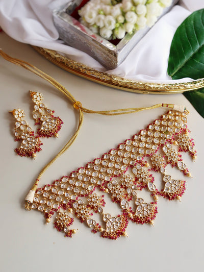 Red And Gold Beads Embellished Bridal Choker Set 