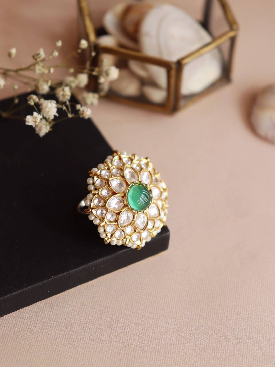 Miera Green Stone And Kundan Ring 