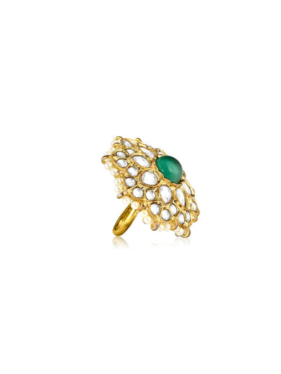 Miera Green Stone And Kundan Ring 